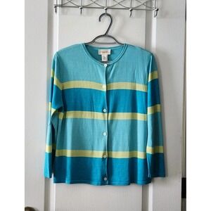Talbots Women Silk Striped 3/4‎ Sleeve Cardigan Sweater Turquoise Size 12
